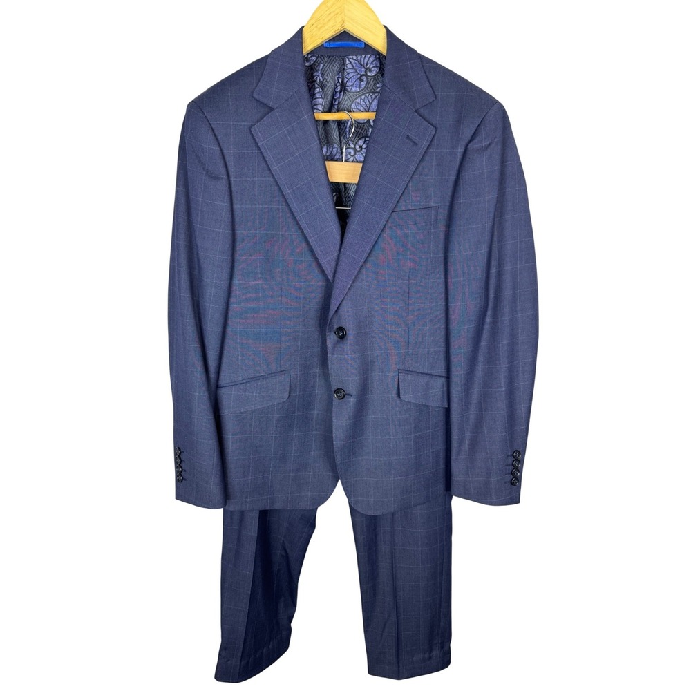 Sondergaard Copenhagen Mens Blue‎ Windowpane Slim Fit Suit 40S 32x24